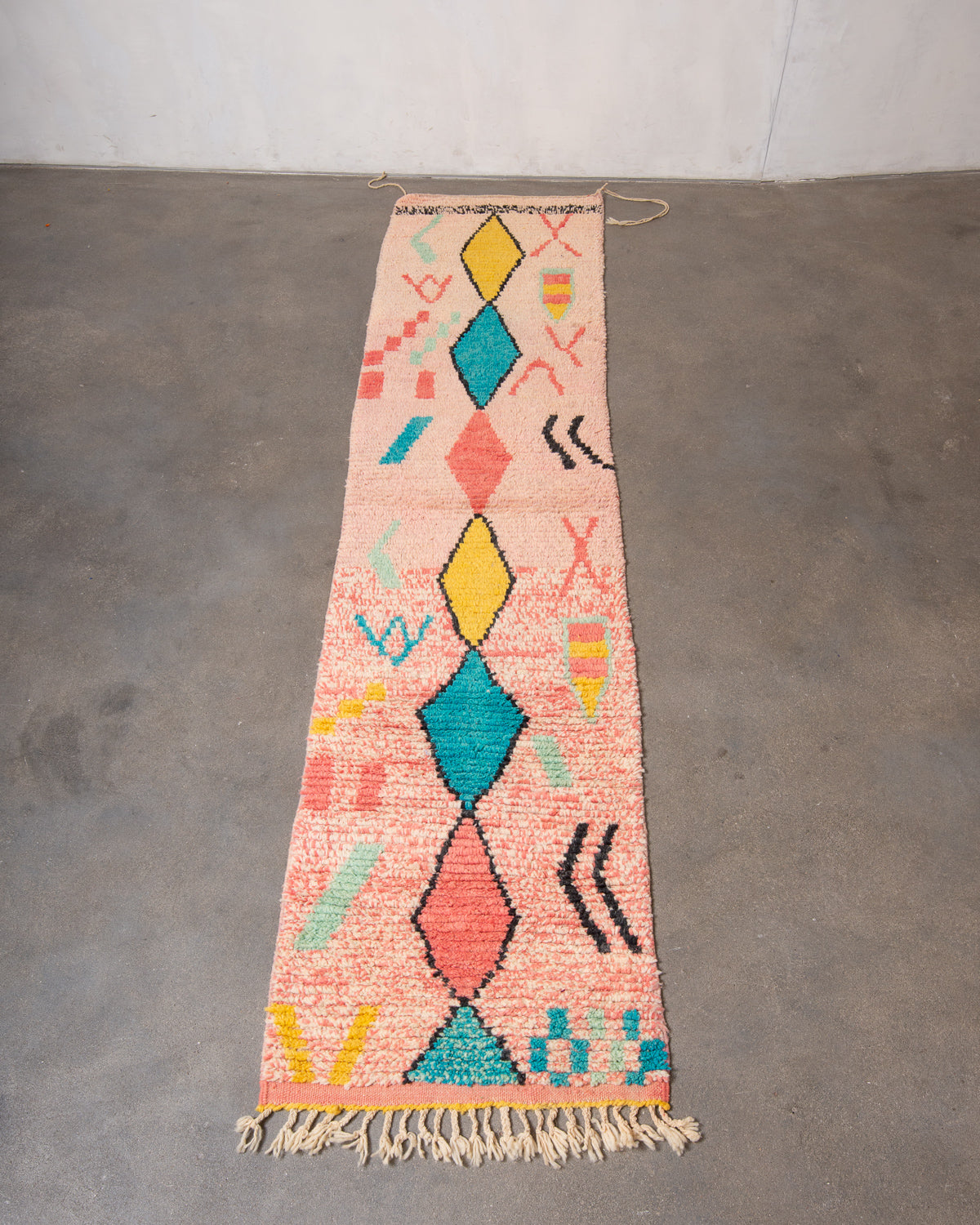 Modern, designer, handcrafted Berber runner rug from Morocco. Vintage carpet with beautiful colours and patterns and fluffy texture.